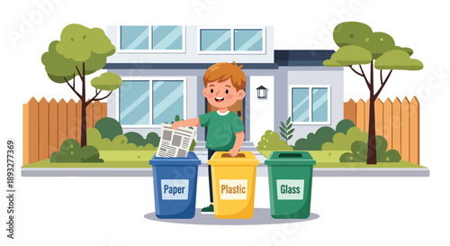 Independent little boy sorting recyclable waste, modern flat vector promoting good habits and eco-friendly responsibility
