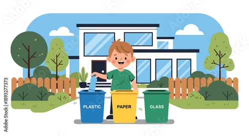 Independent little boy sorting recyclable waste, modern flat vector promoting good habits and eco-friendly responsibility