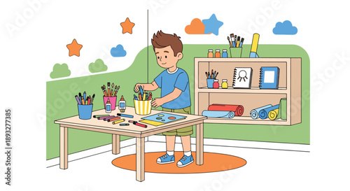 Independent little boy organizing art supplies, modern flat vector promoting good habits and creative discipline