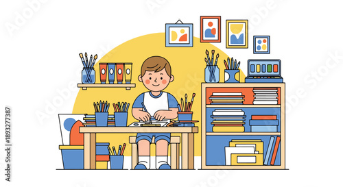 Independent little boy organizing art supplies, modern flat vector promoting good habits and creative discipline