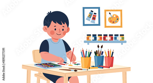 Independent little boy organizing art supplies, modern flat vector promoting good habits and creative discipline