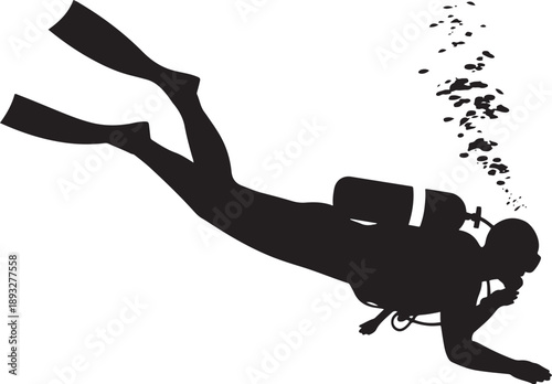 Scuba diver silhouette swimming underwater with oxygen tank and bubbles for diving school and ocean exploration projects