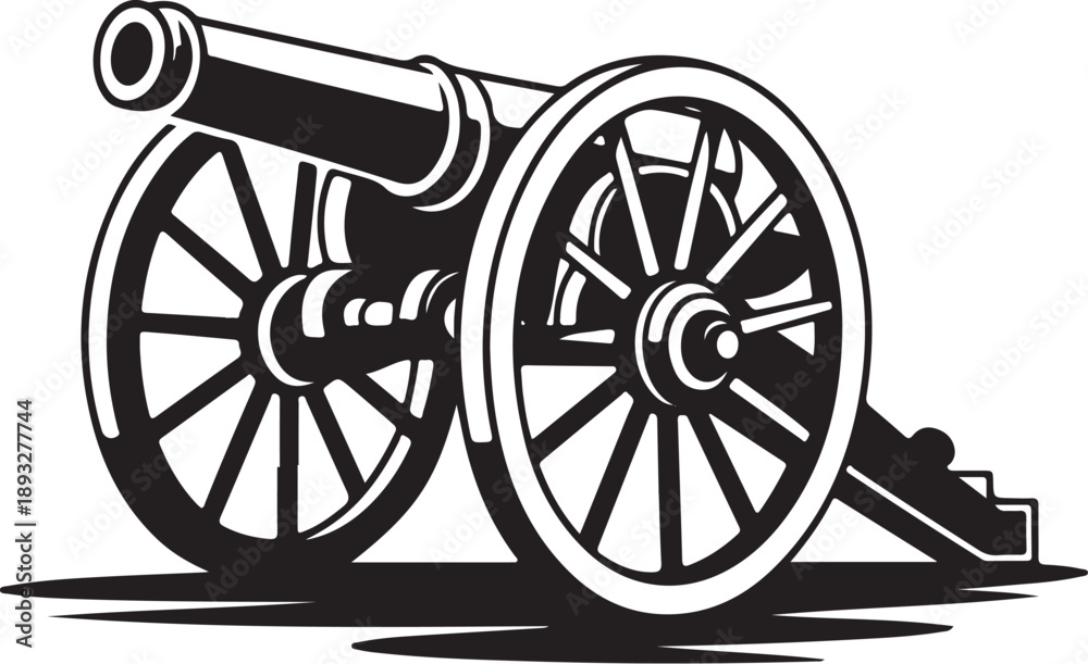 Fototapeta premium Old cannon silhouette graphic illustration, classic military artillery design element, vintage weapon