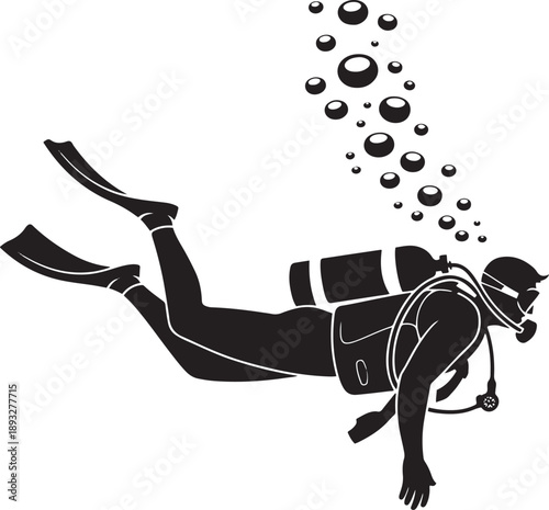 Silhouette of scuba diver underwater with air bubbles and equipment swimming through ocean depths professional diving exploration concept