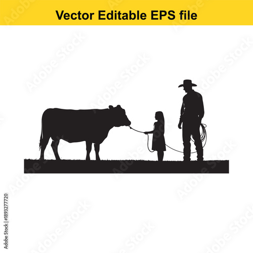  silhouette of a cowboy and a girl leading a cow on a rope