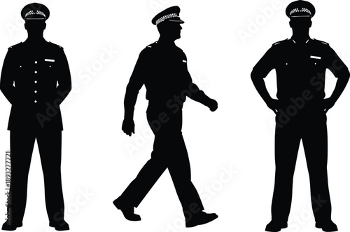 Police officer silhouettes set, standing walking poses, law enforcement uniform figures, isolated black vector illustration on white background, for design