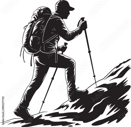 Hiker man trekking with backpack and walking sticks on mountain trail