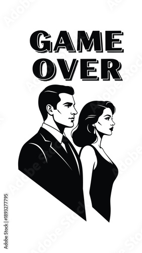 Couple facing away from each other in black and white with 'game over' text