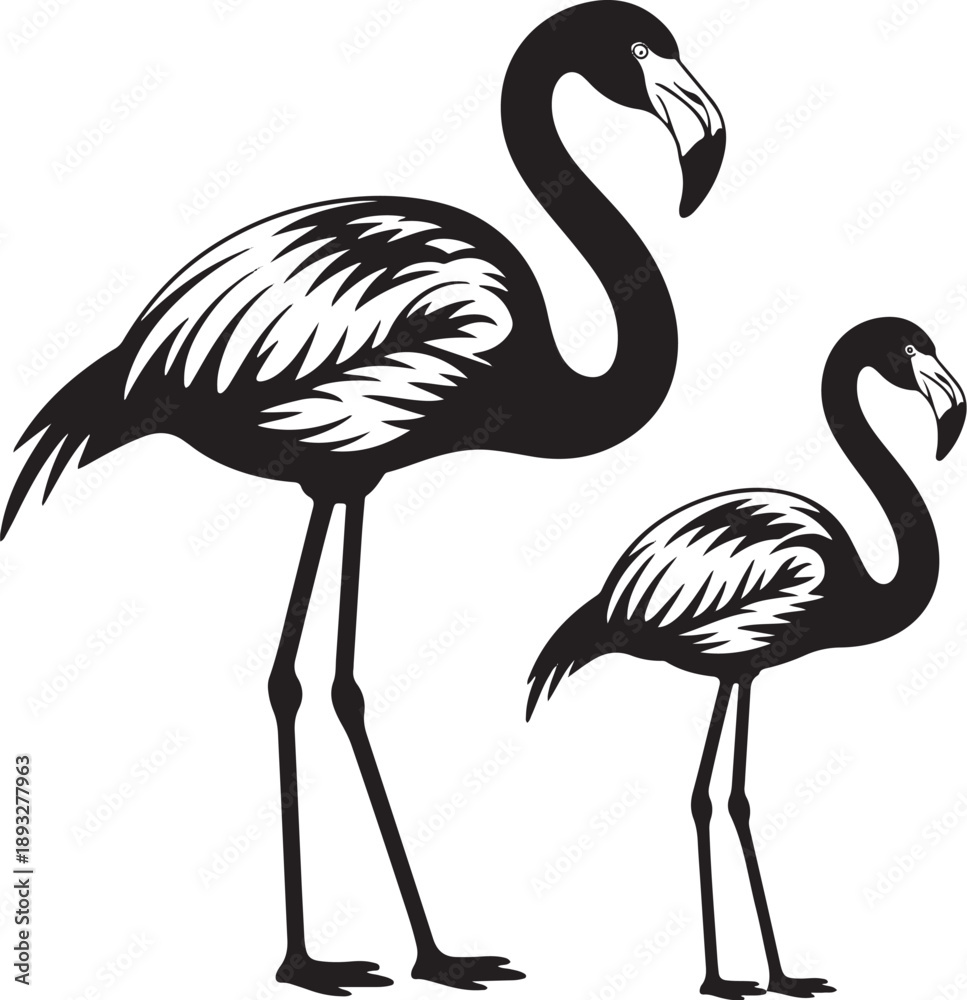 Fototapeta premium Two stylized flamingos in silhouette, one larger than other, elegant long legs and necks