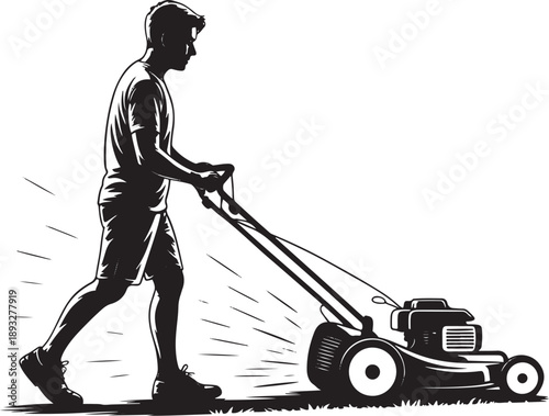 Young man silhouette using petrol lawn mower to cut grass in backyard garden
