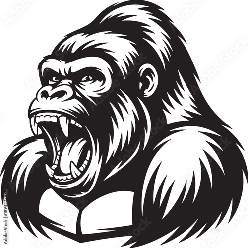 Aggressive gorilla head roaring with open mouth and sharp teeth
