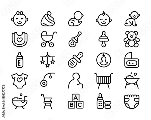 Collection of baby-themed vector icons including toys, accessories, and infant care items