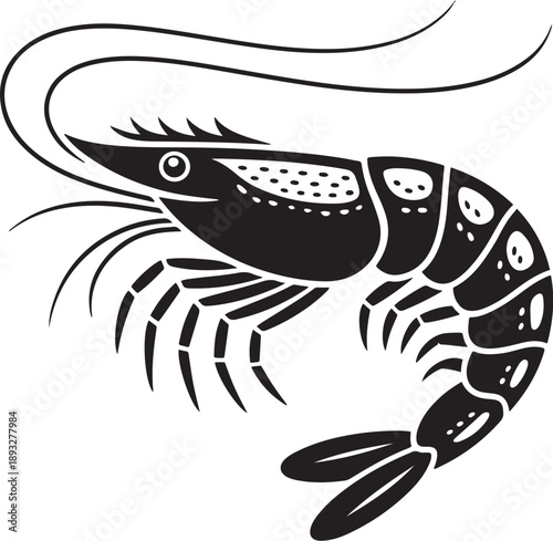 Stylized shrimp silhouette with curved body and long antennae, detailed legs and tail