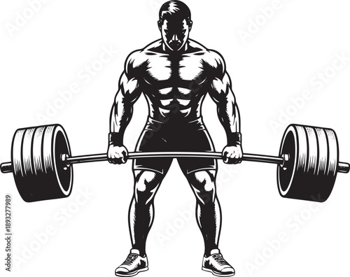 Strong bodybuilder lifting barbell in gym, professional powerlifter exercising with heavy weight, fitness workout