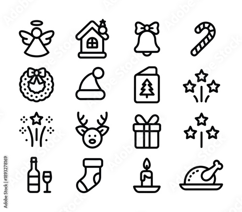 Collection of vector icons featuring holiday themes and festive elements
