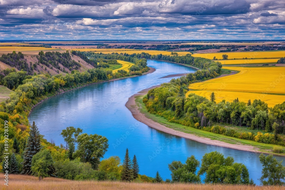 Fototapeta premium Serene river meanders through golden fields