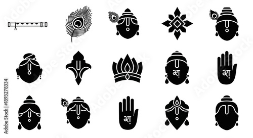 Collection of black silhouettes featuring various cultural symbols and masks displayed on a clean background
