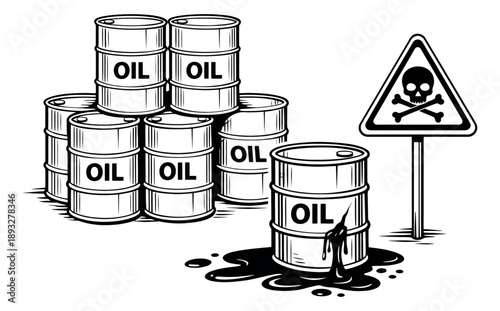 Vintage style hand drawn oil barrel industrial set featuring stacked and leaking barrels with a skull warning sign for environmental pollution warning