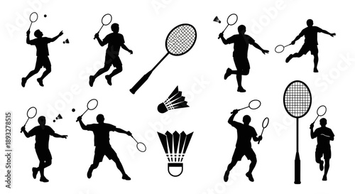 Silhouetted badminton players in action, rackets and shuttlecocks on a white background, viewed from various angles