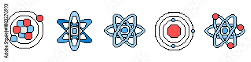 Set of pixel atom molecule vector for science game assets. 8-bit style chemistry symbols ideal for education apps and tech designs.