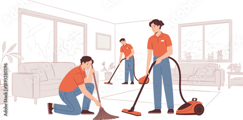 Professional Cleaning Service Team Vacuuming and Sweeping Living Room, Concept of Commercial Housekeeping, Janitorial Staff Working in Modern Home