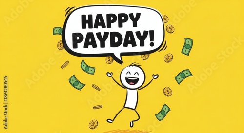 Excited stick figure jumps for joy with money raining down, celebrating a happy payday and financial success
