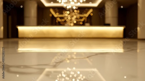 Elegant Hotel Lobby Interior With Marble Floor and Golden Reception Desk Illuminated by Chandelier