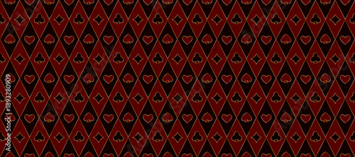 Dark red playing cards pattern background. Retro poker or casino table theme wallpaper. Golden outline vintage spades, hearts, diamonds, clubs symbols backdrop. Vegas gambling concept texture. Vector