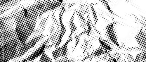 Aged halftone wrinkled foil texture. Dotted crumpled metallic overlay. Pixelated creasy surface in comic pop art style. Vector grain cartoon gritty paper wallpaper. Old rough creased bitmap background