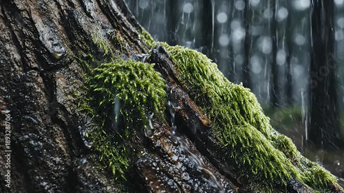 Close up of lush green moss growing on a rough tree trunk during a gentle rain shower in a serene forest with soft