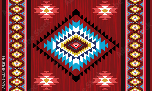 Bold southwestern-inspired geometric pattern with layered diamond shapes and vibrant red tones, perfect for fabric and decorative backgrounds.