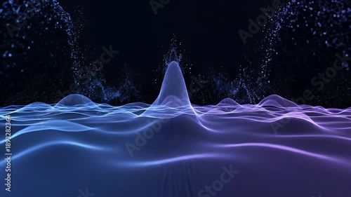 Abstract Digital Landscape With Glowing Blue Purple Waves And Floating Particles On Dark Background