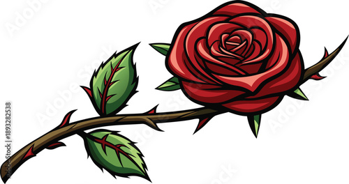 Detailed illustration of a single red rose with thorns and leaves