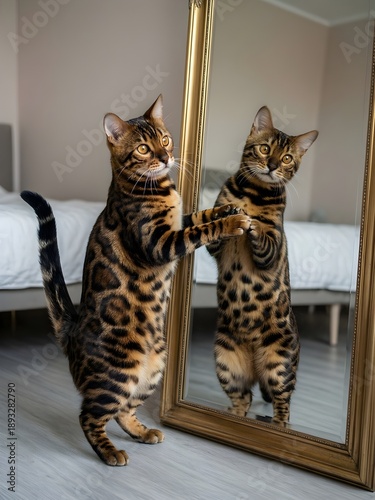 Curious Bengal Cat Standing and Looking into Mirror Reflection