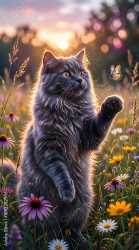 Fluffy Grey Cat Playing With Butterfly Sunset