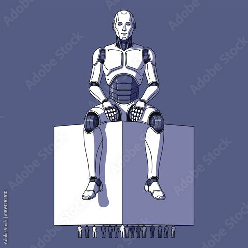 Massive Robot Sitting on a Block Supported by Tiny Human Figures, Concept of Technological Dominance, Human Labor Burden, AI Oppression, and Societal Inequality Vector Illustration