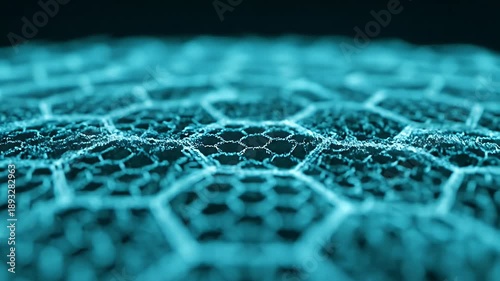 Abstract Digital Hexagonal Network Grid Glowing Cyan Blue Particles In Dark Background And Futuristic Motion Design