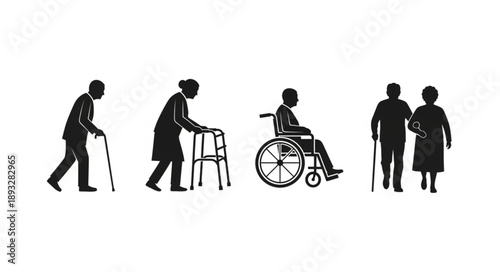 Silhouettes of elderly people with walking aids and a wheelchair.