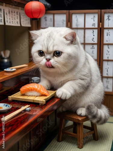 Hungry Cat Licking Lips At Sushi Bar
