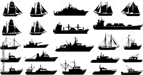 Ship silhouette set, boat vector icons, maritime vessel illustration, fishing yacht cargo ferry, black transport shapes, nautical graphic pack