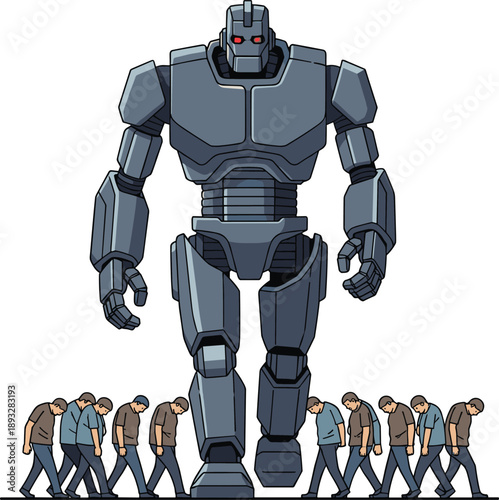 Massive Armored Robot with Red Eyes Walking Over Bowed Human Workers, Concept of AI Dominance, Industrial Subjugation, Dystopian Workplace Oversight, and Technological Supremacy Vector Illustration