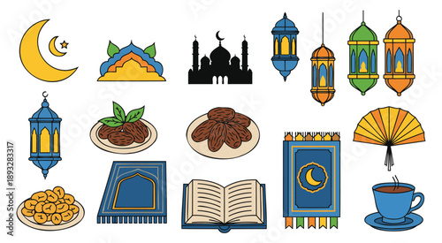 Islamic culture and Ramadan elements flat design vector illustration set with moon food lanterns mosque