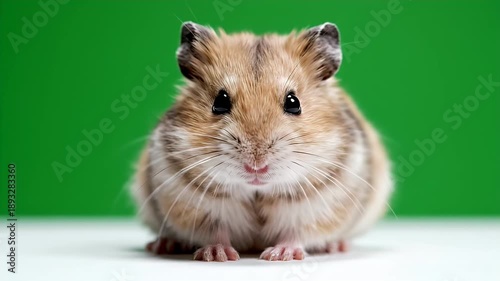 Close Up Portrait of a Cute Hamster With Fluffy Fur Sitting on a White Surface Against a Vibrant Green Background