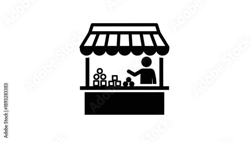Simple black and white icon of a market stall with vendor.