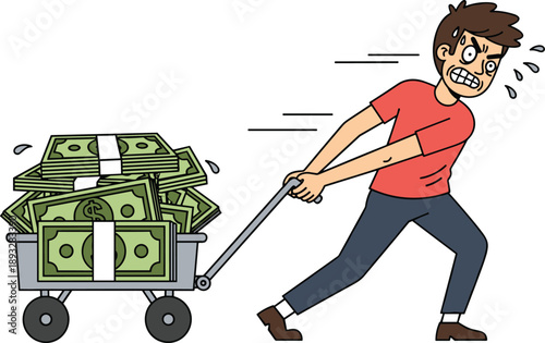 Stressed Man Straining to Pull a Cart Full of Money, Concept of Financial Burden, Wealth Accumulation Stress, Hard Labor for Profit, and Monetary Pressure Vector Illustration