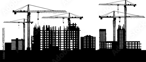 Black silhouette of a construction site isolated on transparent background. Construction cranes over buildings. City development. Urban skyline. Element for your design. Vector illustration. 