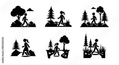 Silhouettes of people walking in nature scenes.