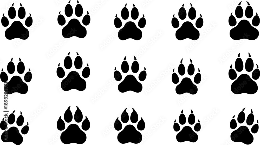 Fototapeta premium Vector set of animal paw print illustrations, showcasing solid and outline track designs for pet care branding and wildlife iconography