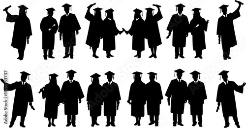 Graduation group vector silhouettes with caps and gowns, celebrating success and diplomas, academic achievement illustrations for education, commencement, ceremony, and student graduation themes