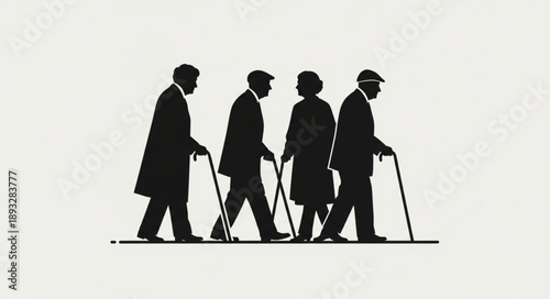 Silhouettes of four elderly people walking with canes.